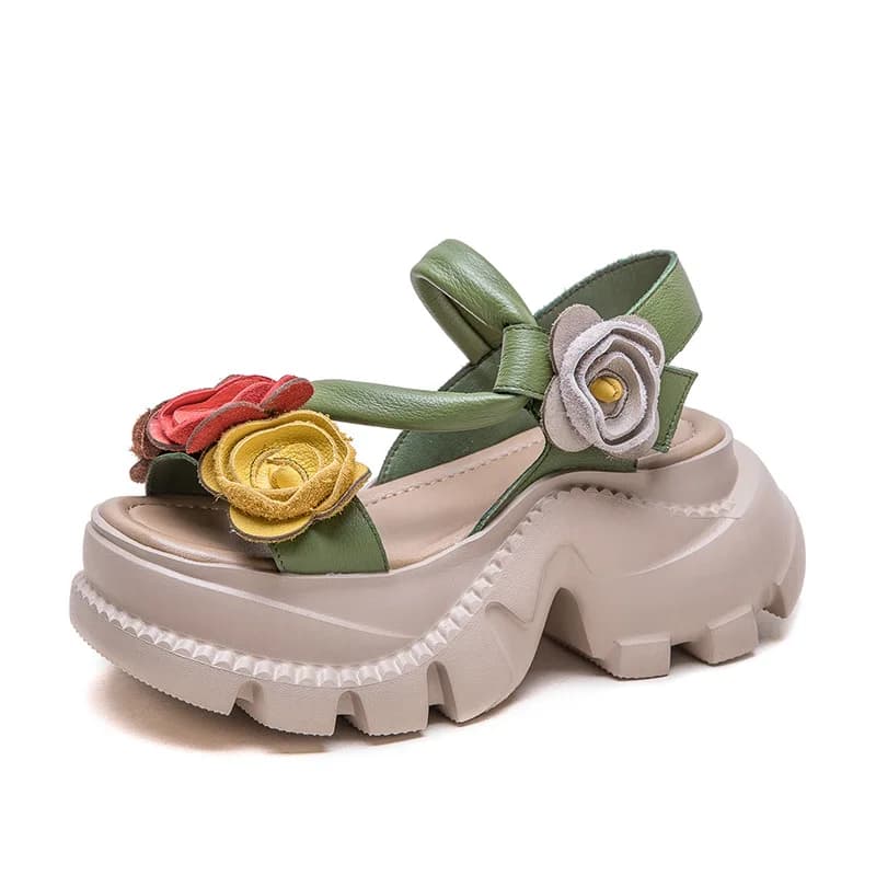 2026 New 7cm Genuine Leather Pumps Comfy Shoes Mary Jane Hook Women Flats Ethnic Luxury Hollow Flower Sandals Platform Wedge