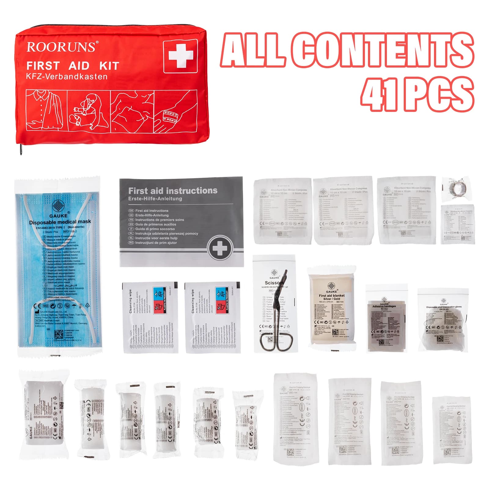 ROORUNS Portable First Aid Kit 41PCS Emergency Medical Bag Waterproof for Car Home Travel Camping Hiking Outdoor Survival