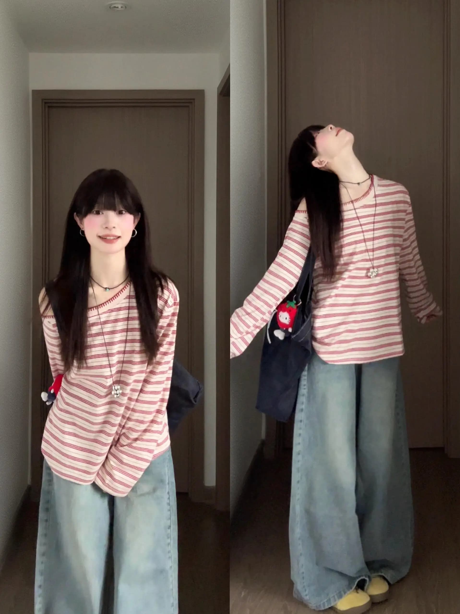 Maglia a maniche lunghe asimmetrica a righe rosse dolce e piccante, top casual in maglia da donna per la stagione autunnale