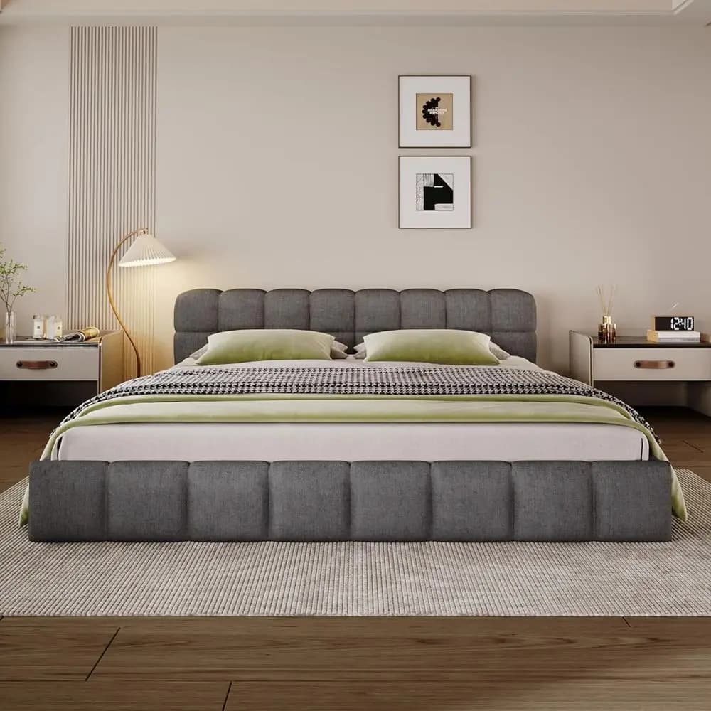 Elegante letto matrimoniale in ciniglia grigia con design a scacchiera, rivestimento spesso in stile a blocchi