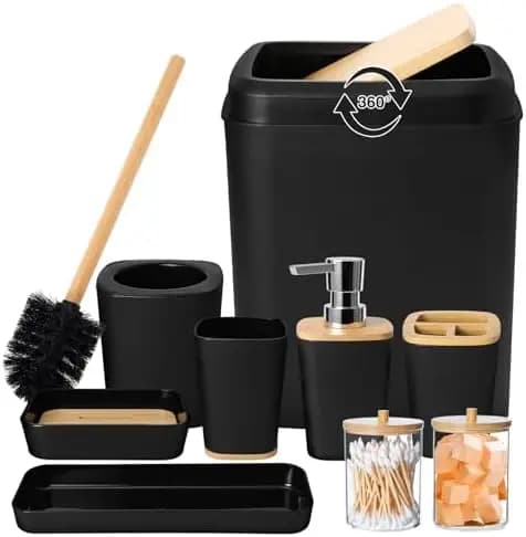 Set da Bagno Nero 9 Pezzi con Cestino, Porta Spazzolini, Dispenser e Altro