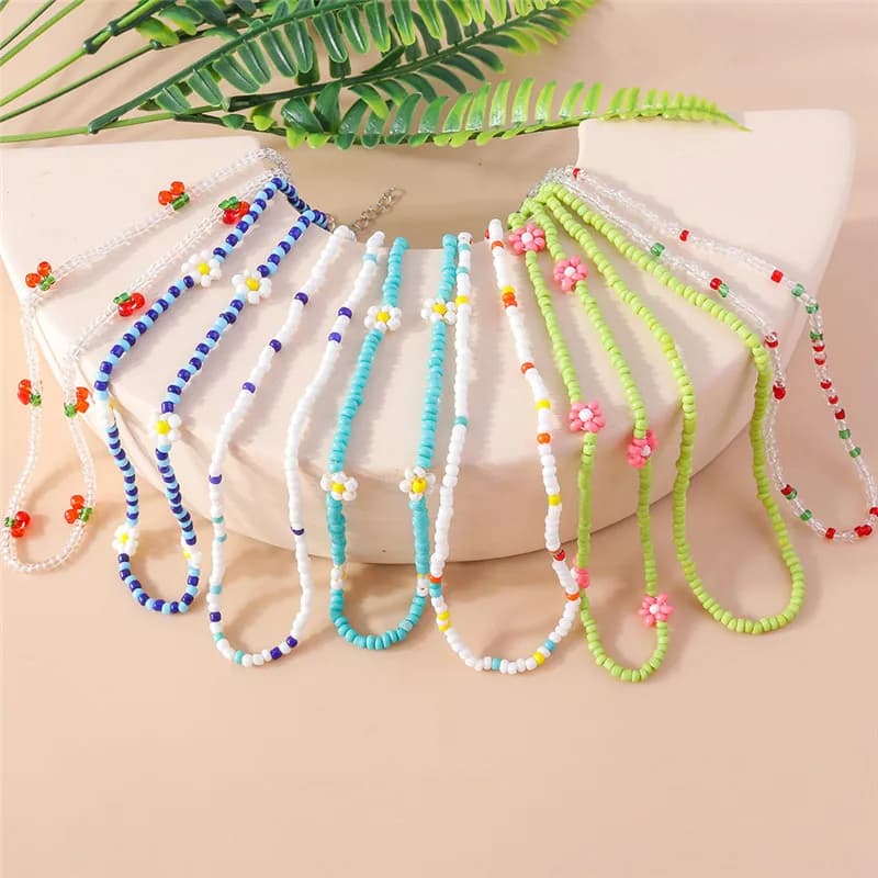 Summer Boho Korea Lovely Flowers Semi Beaded Necklace Crewneck Necklace with Short Collar for Women's Holiday Jewelry Gifts