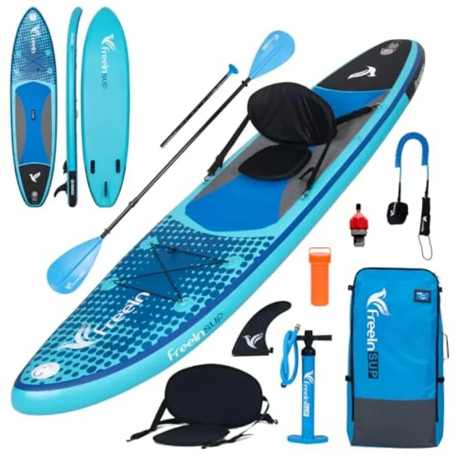 SUP gonfiabile per adulti, in PVC, blu, include sedile da kayak, adattatore per pompa e pagaia da kayak