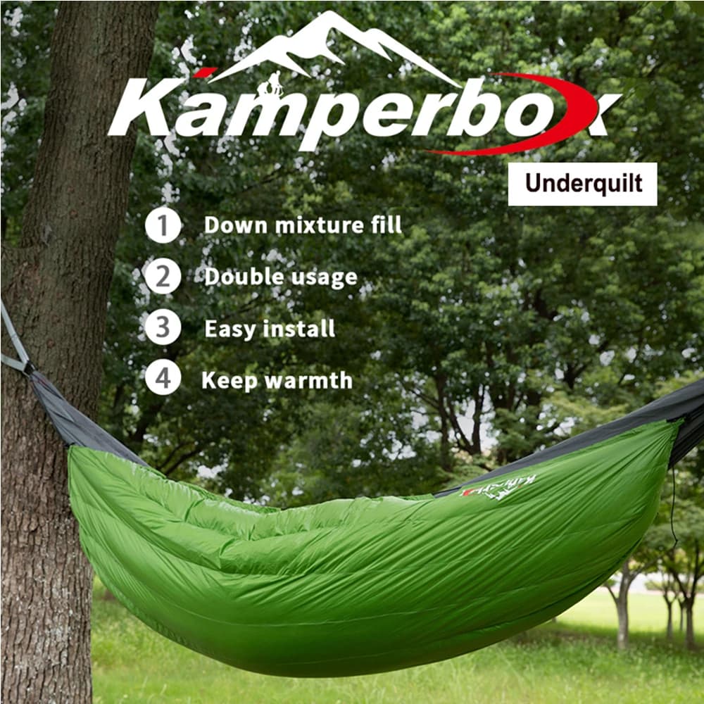 Sottocoperta per amaca Kamperbox, imbottitura ibrida 60% piumino d'anatra + 40% sintetica, 980g, 112x193cm, sottocoperta per amaca in nylon ripstop 20D, coperta leggera e ripiegabile per campeggio, escursioni e backpacking all'aperto.