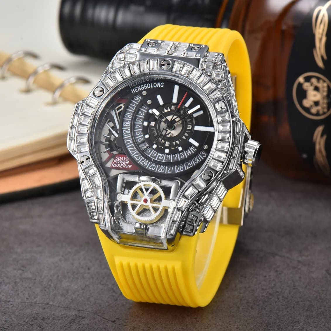 Luxury Men's Watch With Full Diamonds Case, Rubber Strap, Colorful Creative Design, Decorative Quartz Watch, AAA Watches, Relogio