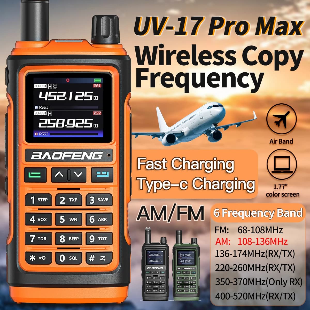 Ricetrasmittente Portatile Baofeng UV-17 Multibanda con Copia Frequenza Wireless, NOAA, FM, Caricatore Type-C, Radio Bidirezionale a Lungo Raggio