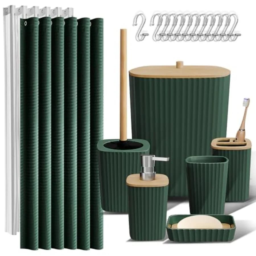 Set di Accessori per il Bagno - Set Completo con Tenda Doccia, Scopino per WC, Cestino e Dispenser Sapone - G