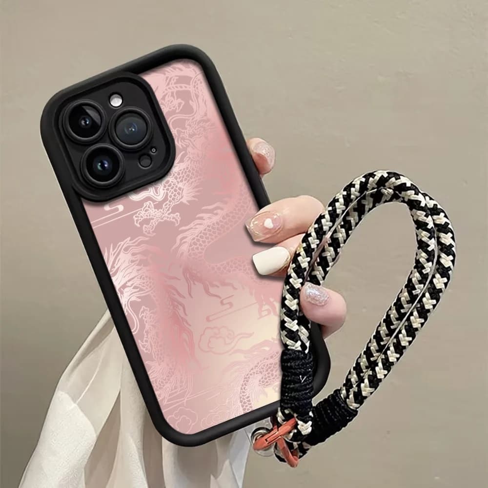 Pale White Dragon Pattern Strap Rope Phone Case For iPhone 13 14 15 16 17 Pro Max 15 14 Plus 17E Shockproof Matte Silicone Funda