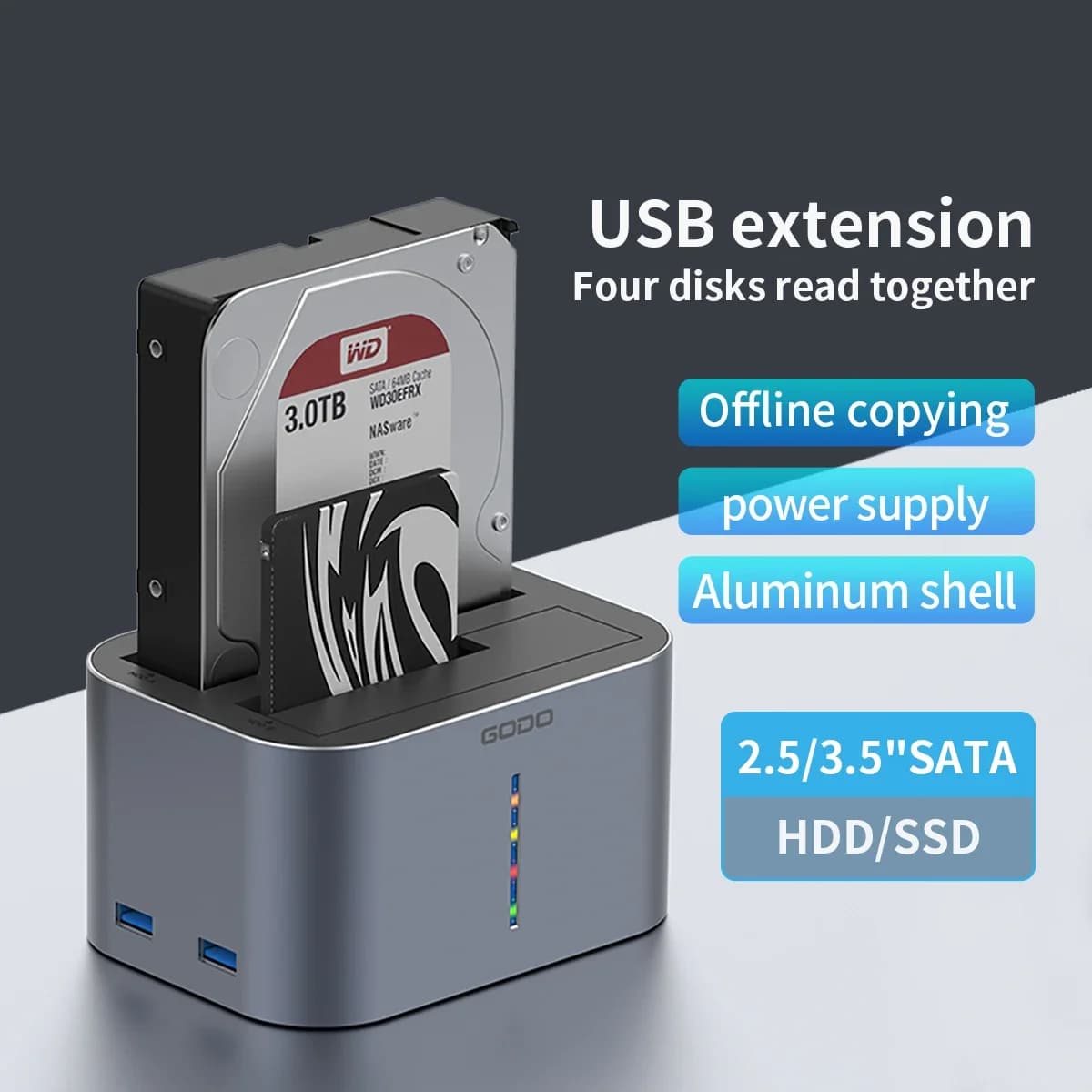 GODO USB 3.0 Dual Bay Type C HDD Dock for 2.5/3.5 inch SATA Drives SSD HDD Aluminum External Hard Drive Station Offline Clone