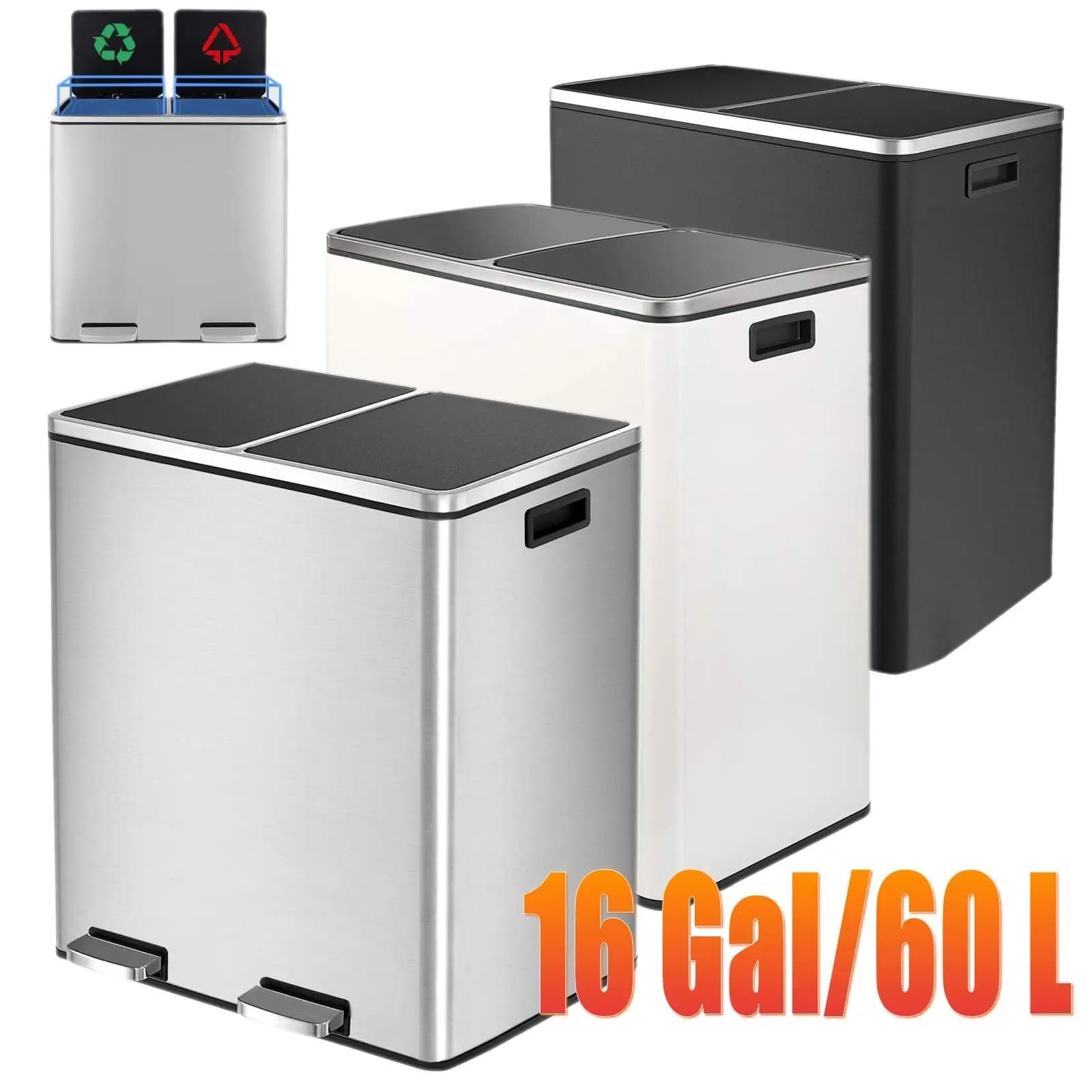 Pattumiera da cucina rettangolare a doppio scomparto a mani libere da 60 l/16 galloni in acciaio inossidabile spazzolato con coperchio Soft-Close