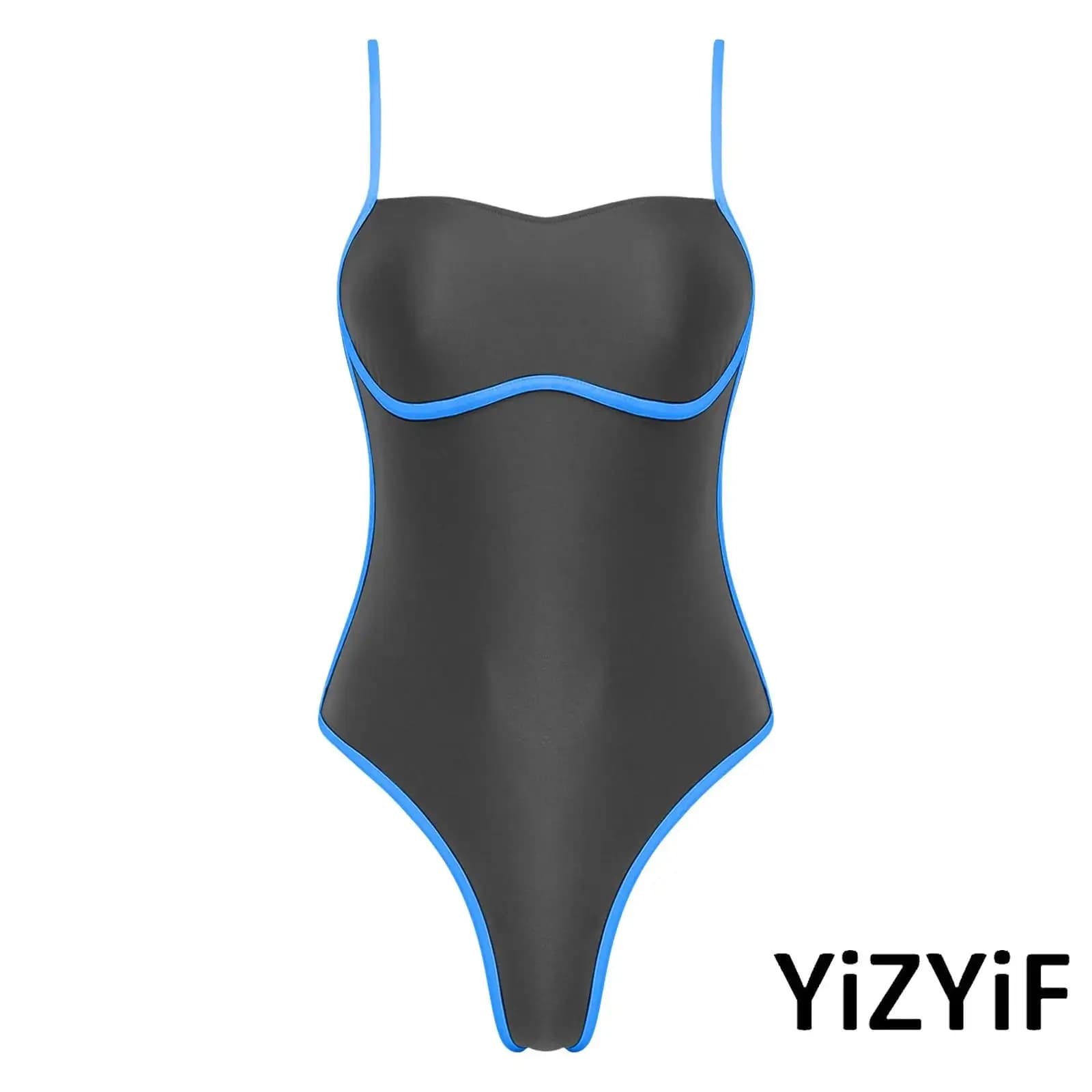 Women Square Neck Satin One Piece Swimsuit Bodysuit Adjustable Straps Color Block Edges Bathing Suit for Beach Vacation