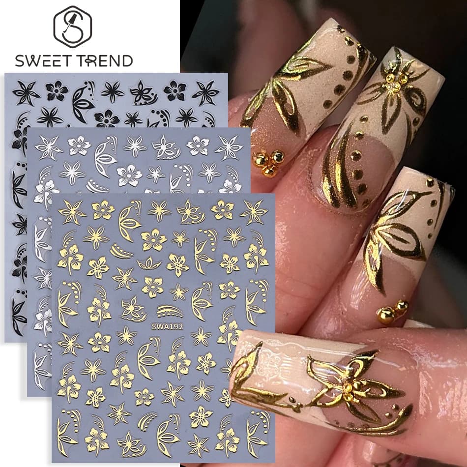 Set di 3 Eleganti Adesivi per Unghie con Fiori, Design in Oro, Argento e Nero, Petali di Ibisco e Foglie, Decorazioni per Manicure Fai-da-Te