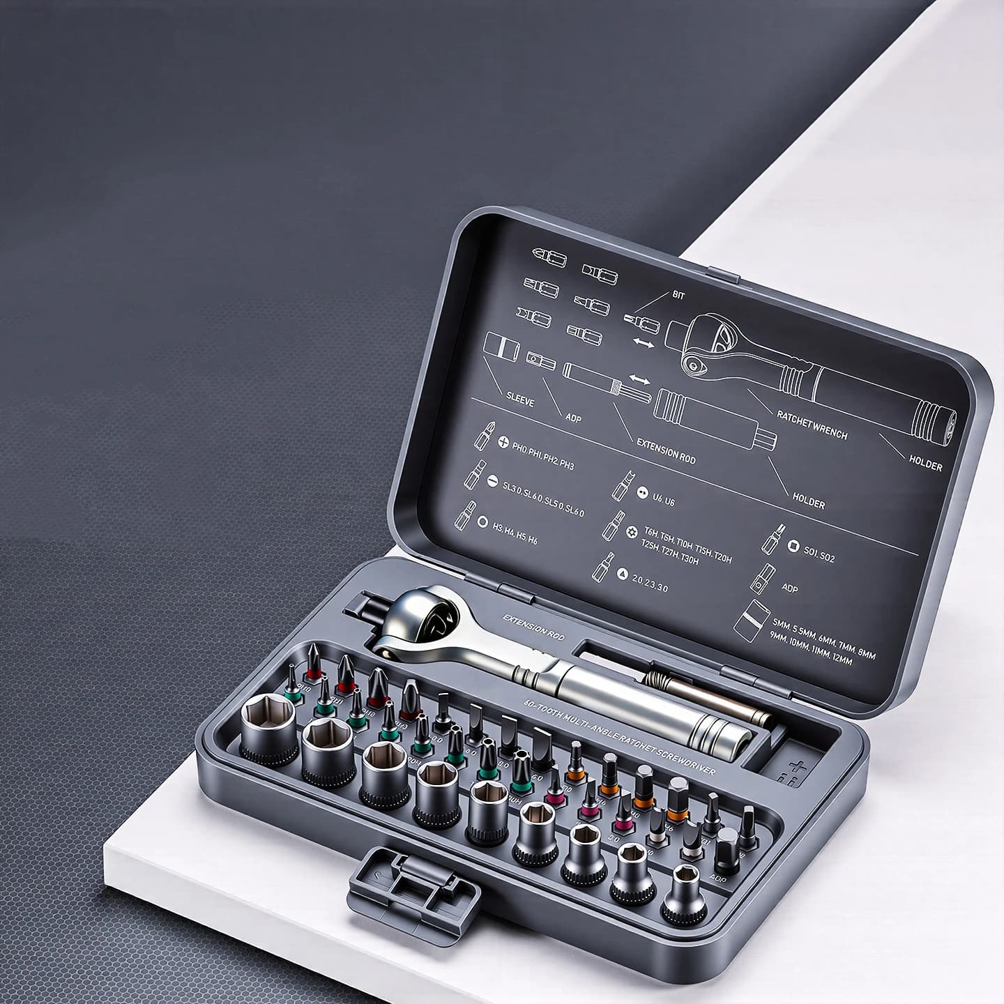 Set di cacciaviti a cricchetto magnetici 40 in 1 con impugnatura staccabile, 180 ° Testa a cricchetto, meccanismo a 45 denti, riparazione elettronica, fai da te