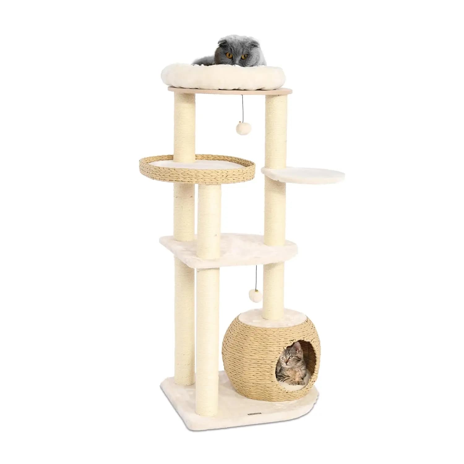 Albero per Gatti Moderno, Torre per Gatti da Interno da 135 cm, con Tiragraffi in Sisal Naturale, Cuccia Intrecciata a Mano e Postazione Superiore, Personalizzabile