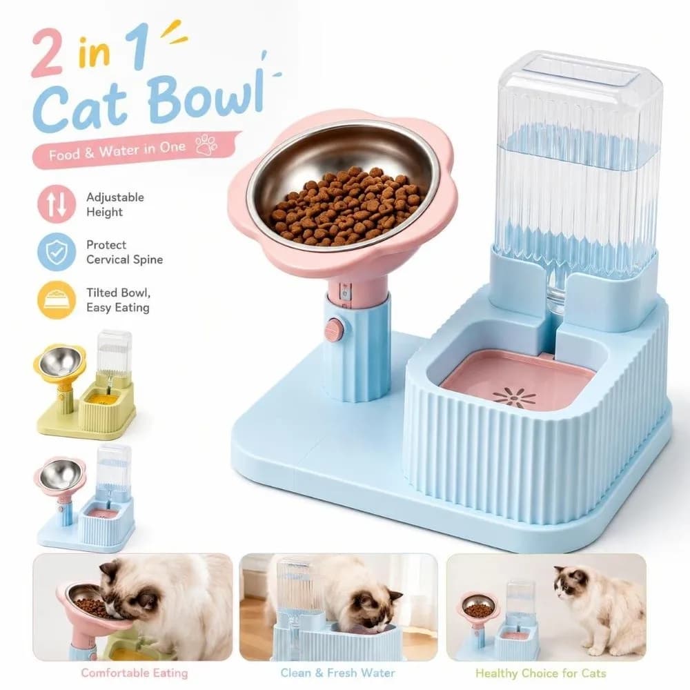 2 in 1 Cat Bowl Adjustable Height Detachable Cat Drinking Bowls Anti-slip Base Protects Cervical Pet Food Bowl