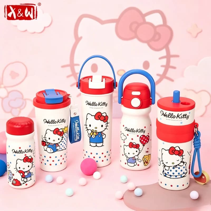 X&W HelloKitty Theme Thermos Cups 316 Stainless Steel Tumbler Cute Cartoon Straw Cup Portable Outdoor Travel Cup for Girl Gift