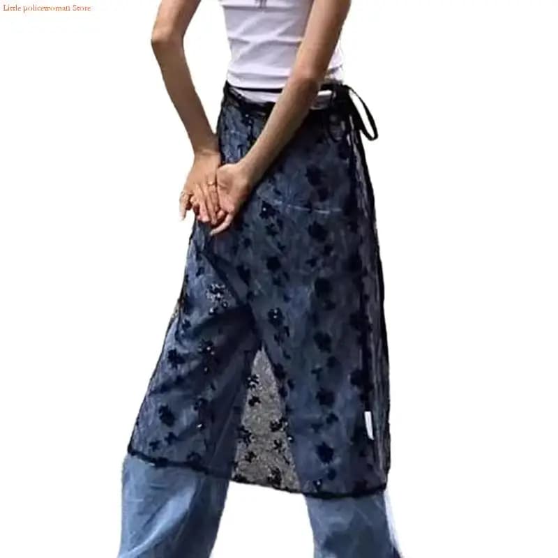 F92D Women Tie Up See Through Sequins Flower Lace Long Skirt Apron Hip Wrap Scarf