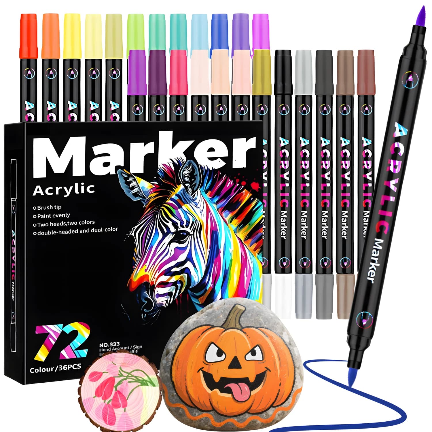 Acrylic Paint Markers Pens,Dual Tip Dual-Color Brush Tips,Creative Coloring Markers for Rocks,Wood, Canvas,Stone,Fabric,Plastic