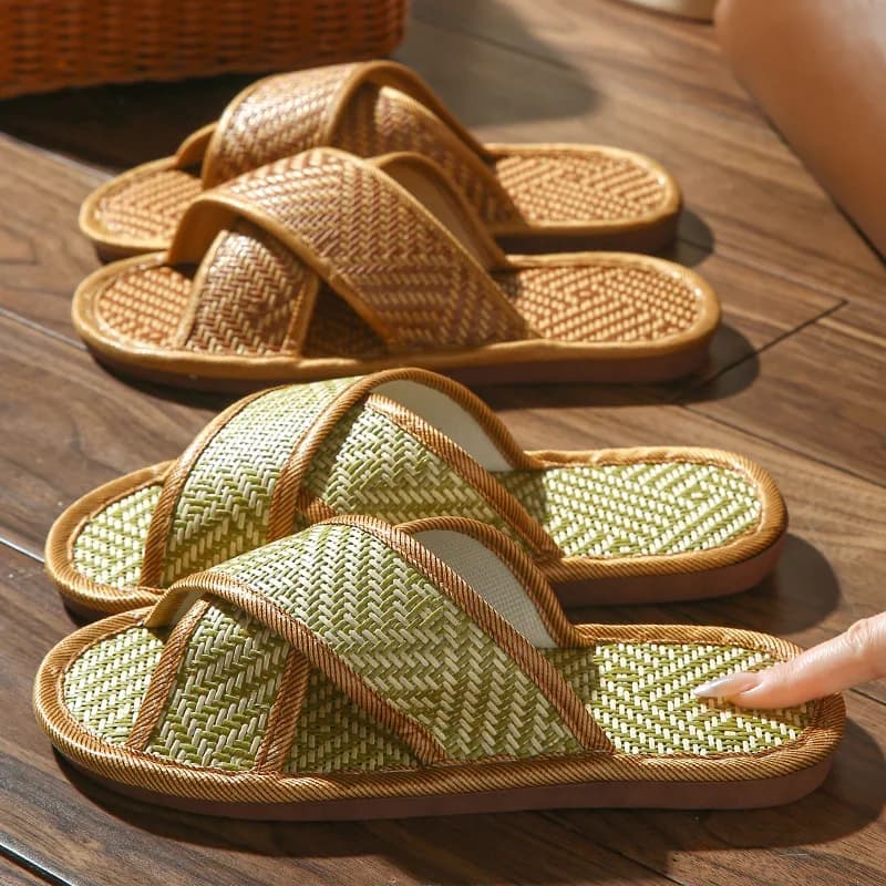 2026 Rattan Woven Linen Slippers for Couples Thick Soft Sole Non Slip Indoor Home Slides, Breathable All Season Casual House