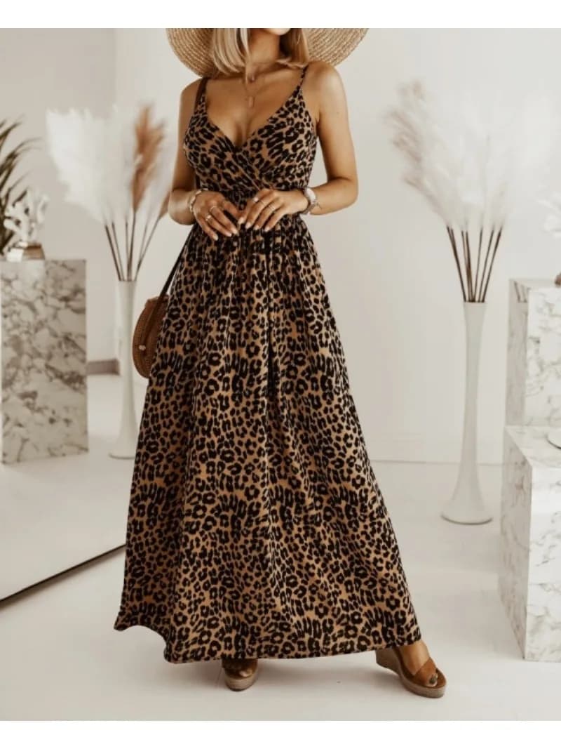 Abito a canotta stampato lungo con stampa leopardata alla moda da donna per le vacanze per il tempo libero con ampio scollo a V e gonna alla caviglia