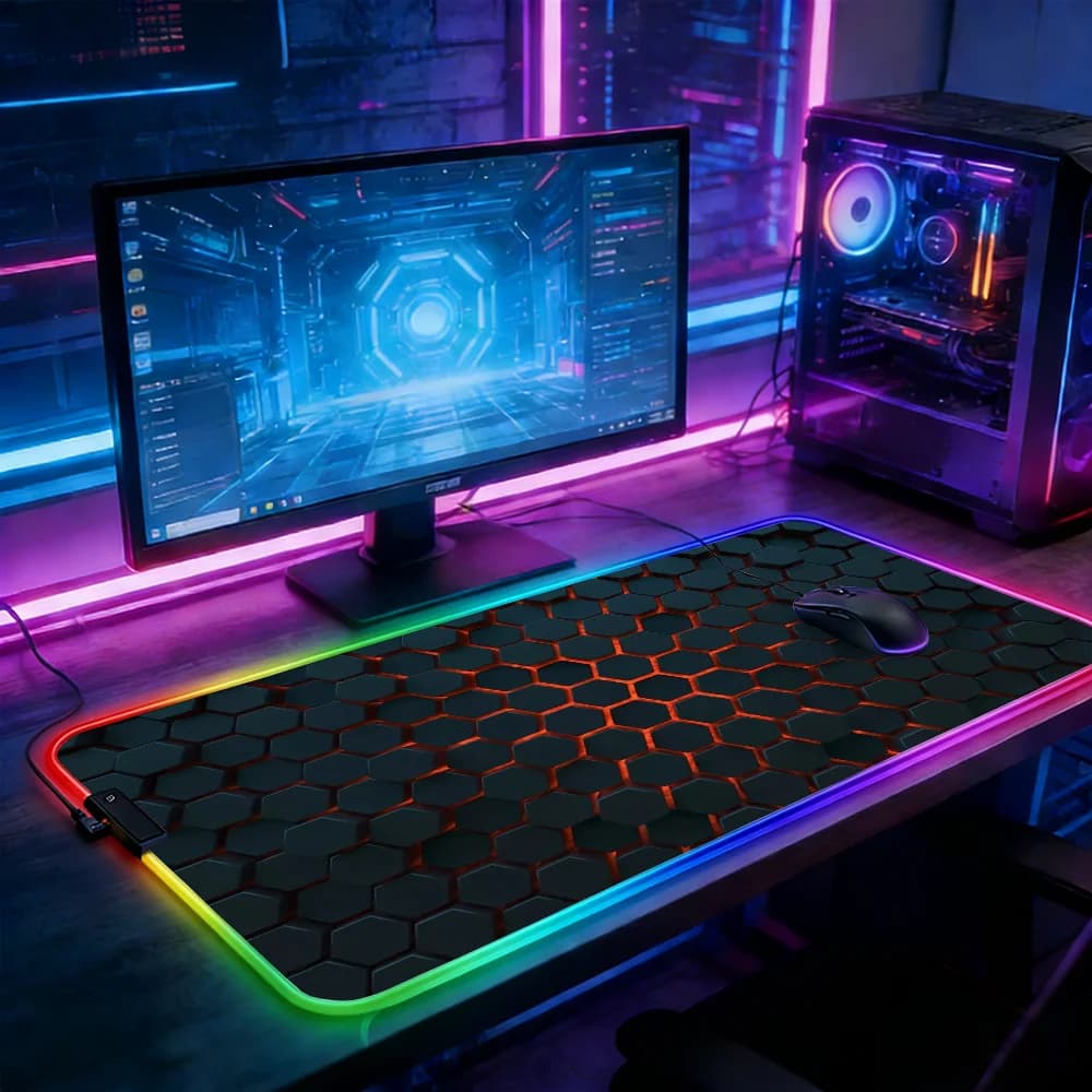Tappetino per mouse con illuminazione a LED RGB Tappetino per tastiera da gioco E-sports Tappetini da tavolo Esagoni geometrici Tappetino per mouse da scrivania Accessori per laptop da gamer