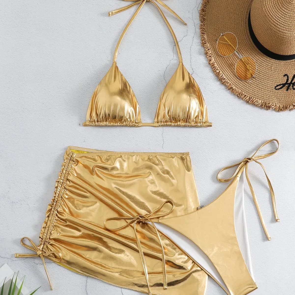 Women's bikini with golden American neckline, beach swimsuit, hot, new, trend, 3 piece set, 2024