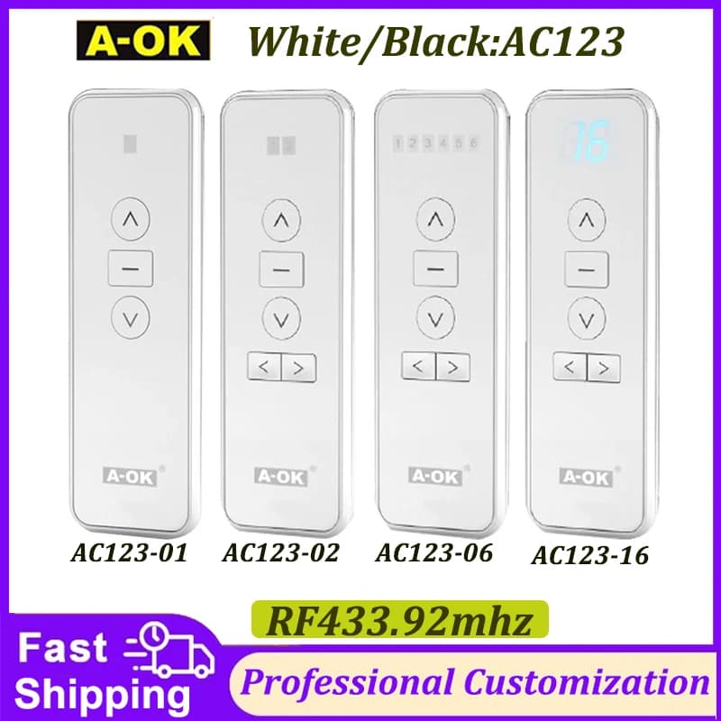 A-OK AC123 Telecomando wireless RF433 Trasmettitore di controllo 1/2/6/16 canali per motore elettrico a tenda con batteria