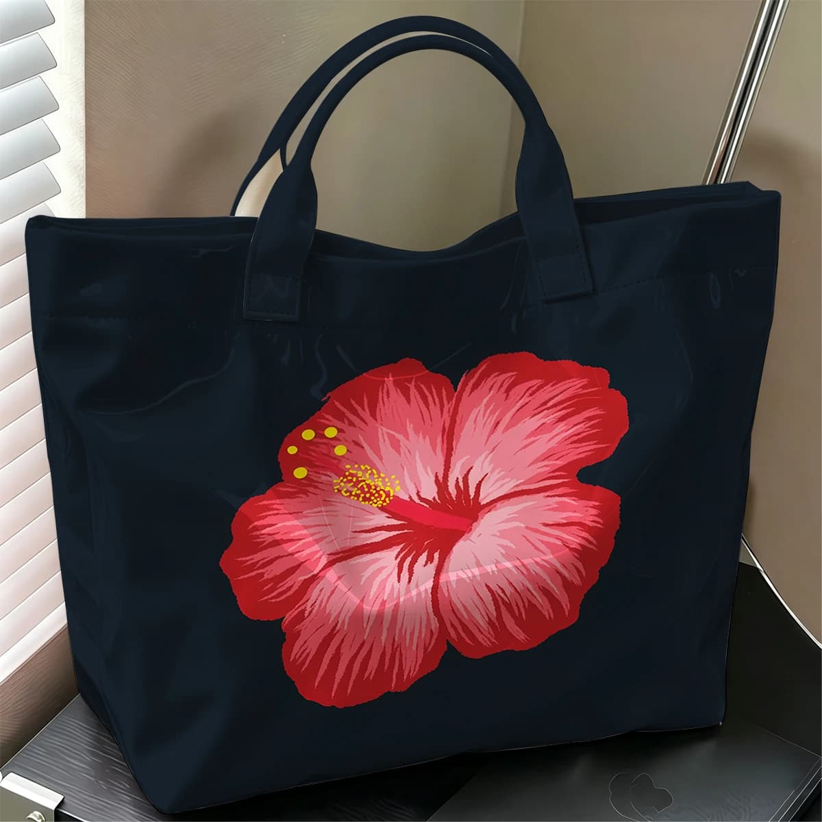 Hibiscus Bloom Stylish Large Glossy PVC Tote Bag Washable Waterproof Durable Ideal for Travel Commute Cosmetics Books Handbags
