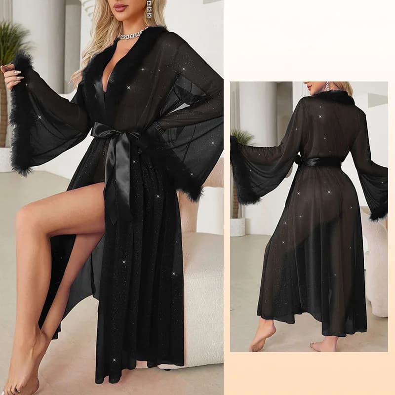 Spring Autumn Mesh Sexy Robes For Women Dressing Gown Loose Long Sleeve Nightshirt Female Home Wear Bath Robe Woman Boda