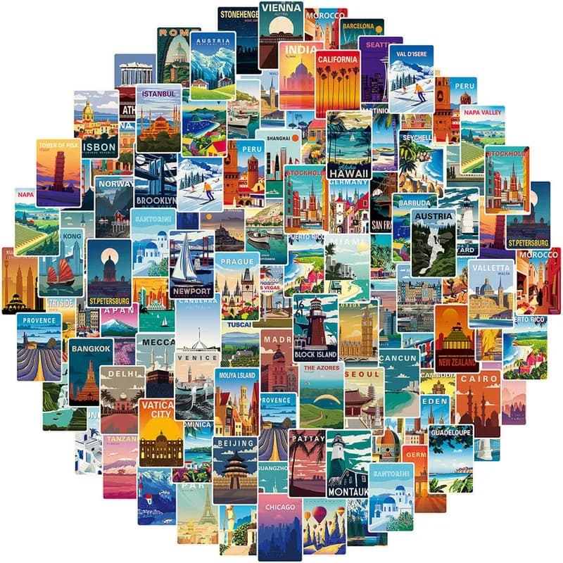 108 pezzi Viaggia intorno al mondo Serie di paesaggi Adesivi Decalcomania fai da te Viaggio a Parigi Berlino Giappone New York Svizzera Norvegia Venezia