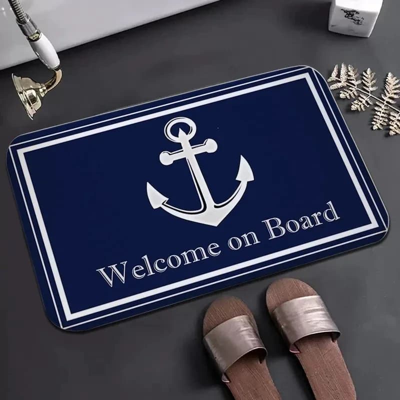 Tappeto d'ingresso antiscivolo con stampa ancora nautica, tappetino a tema costiero per porta d'ingresso