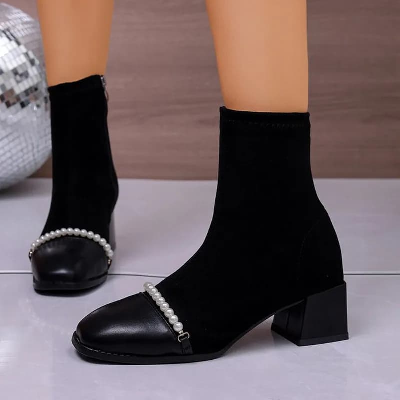 Elegante scarpa con cerniera laterale in pelle scamosciata impiombata con perline Stivali corti con tacco largo antiscivolo resistenti all'usura Autunno Inverno Nuovo stivale singolo