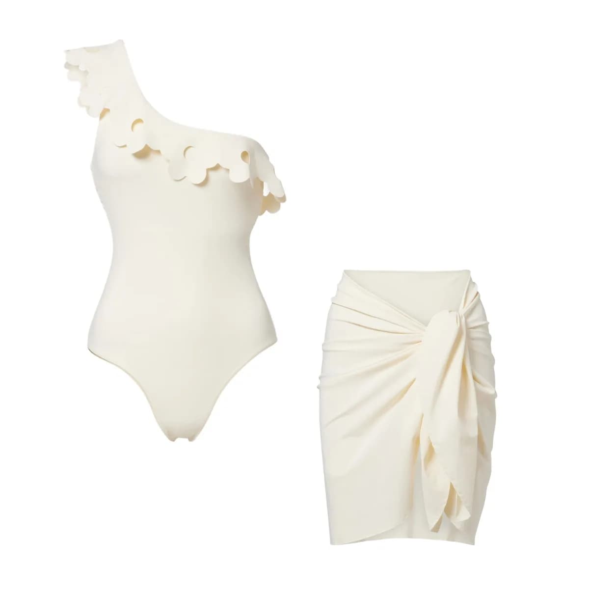 2026 Women 2‑Piece One‑Shoulder Scalloped One‑Piece Swimsuit Twist Knot Wrap Short Skirt Cover‑Up Beach Vacation Swimwear Set