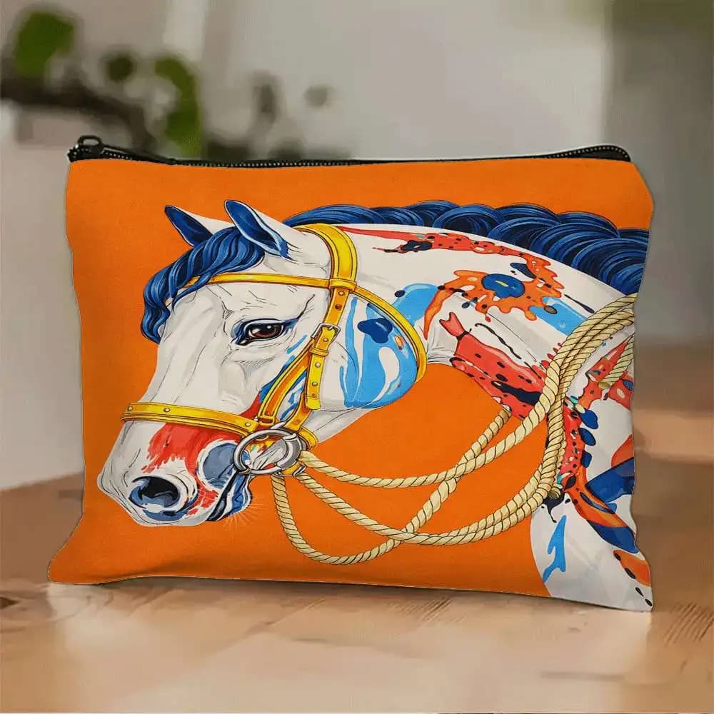 Borsa per il trucco con stampa cavallo, 1 pezzo - Pochette multifunzionale con cerniera per donna, perfetta borsa da viaggio con cerniera, divertente regalo di compleanno