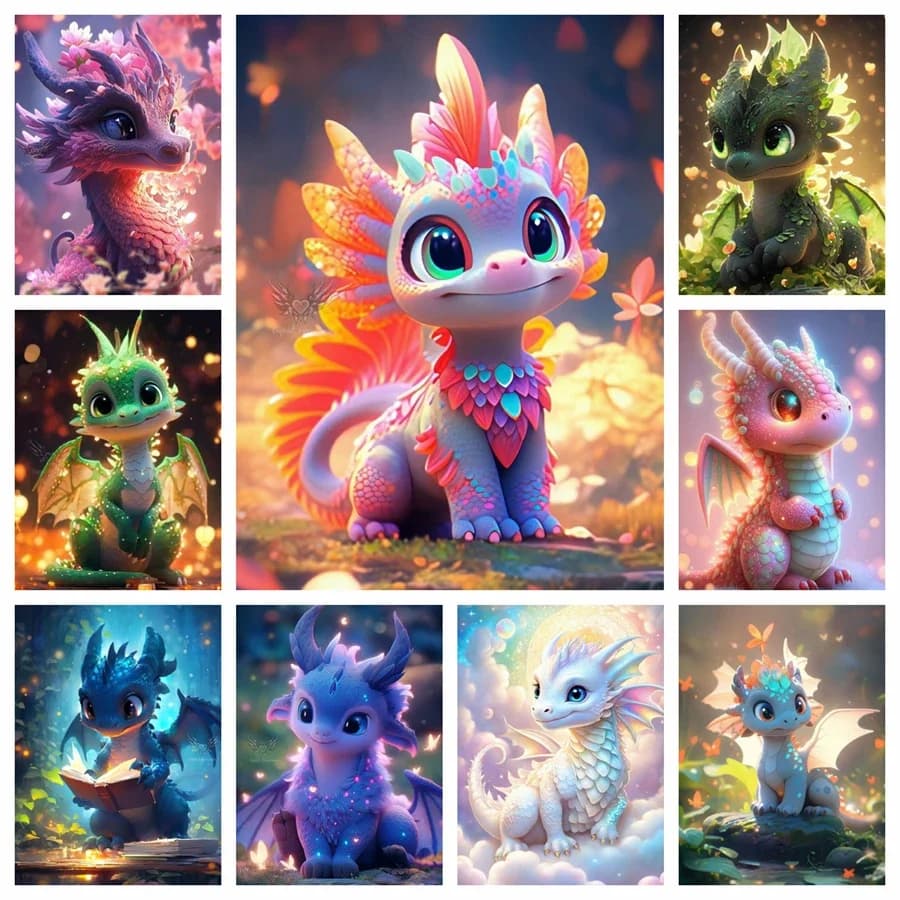 Cute Baby Dragon Animal 5D DIY Diamond Painting Kits Fantasy Cartoon Dinosaur Mosaic Cross Stitch Handwork Kids Gift Decor