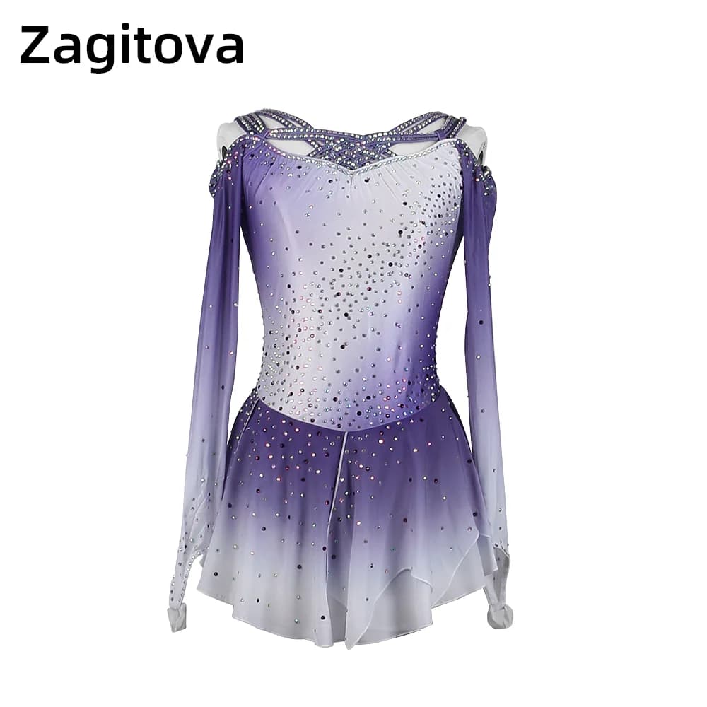 Zagitova Abito da pattinaggio di figura Donna Ragazza Viola Sfumato Maglia Gonna da pattinaggio su ghiaccio Costume da competizione per prestazioni senza schienale