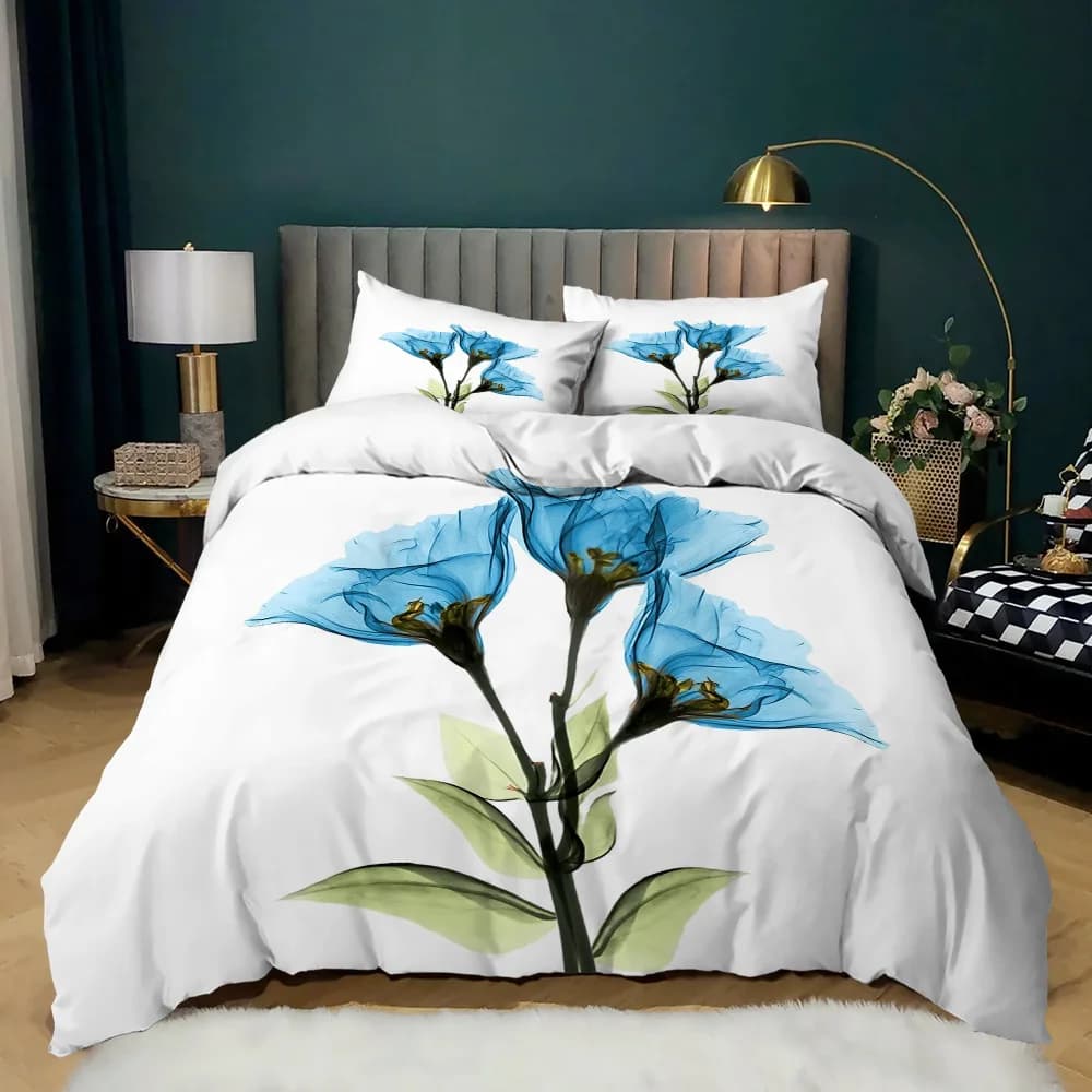 Set copripiumino Morning Glory Queen King Size Blue Morning Glory 2/3 pezzi Set biancheria da letto in morbida microfibra Copripiumino a tema floreale