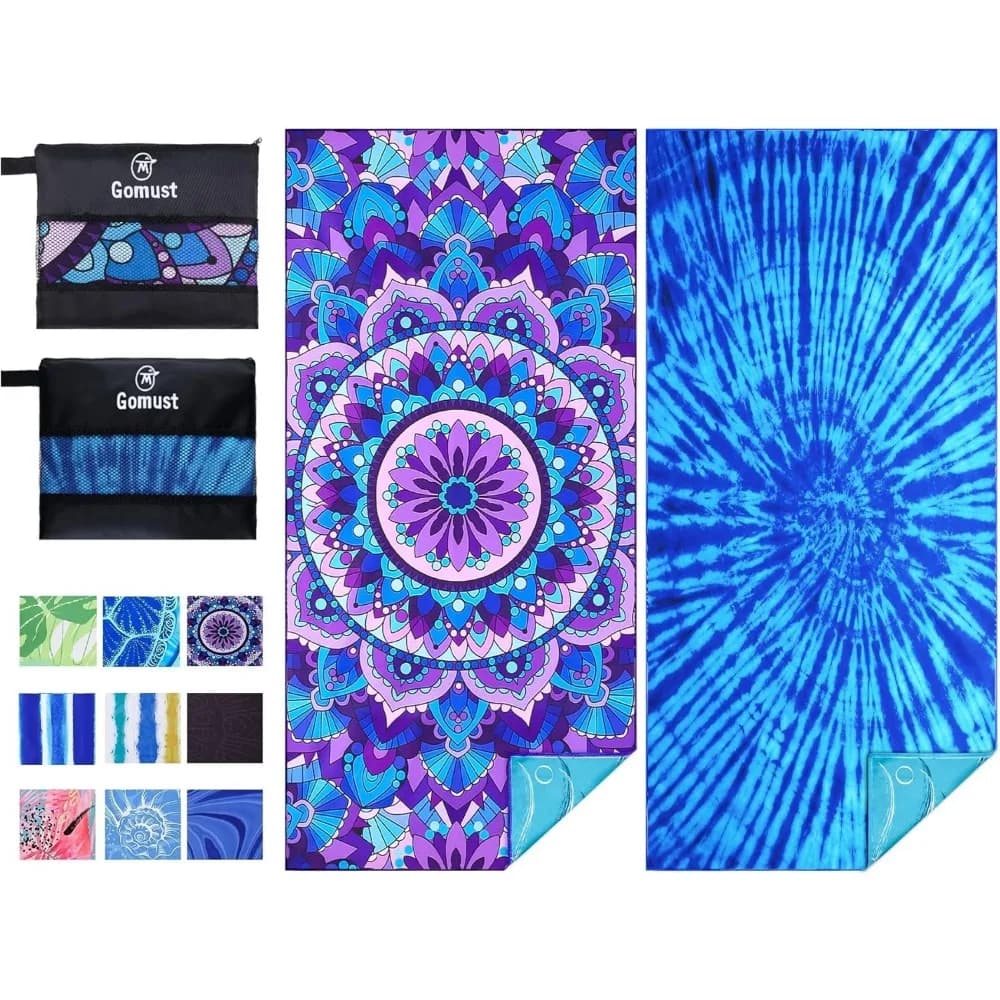 Set di 2 Asciugamani da Spiaggia Leggeri e Sottili 71x32 in Microfibra, Senza Sabbia, Asciugatura Rapida, per Viaggi e Campeggio, Motivo Tie Dye Viola Mandala