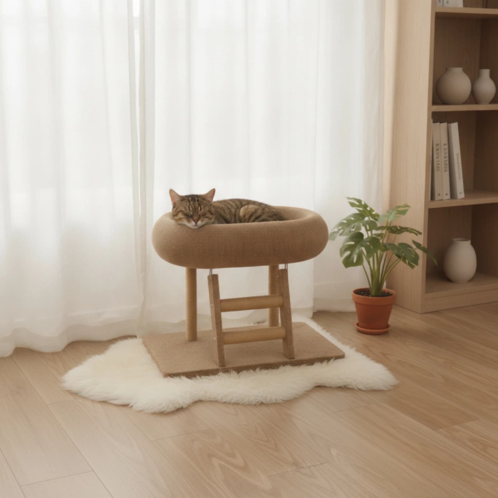 Oval Cat Scratcher Bed Woven Cat Bed with Scratcher Pet Furniture Compact Space-Saving for Cats, Indoor, Living Rooms