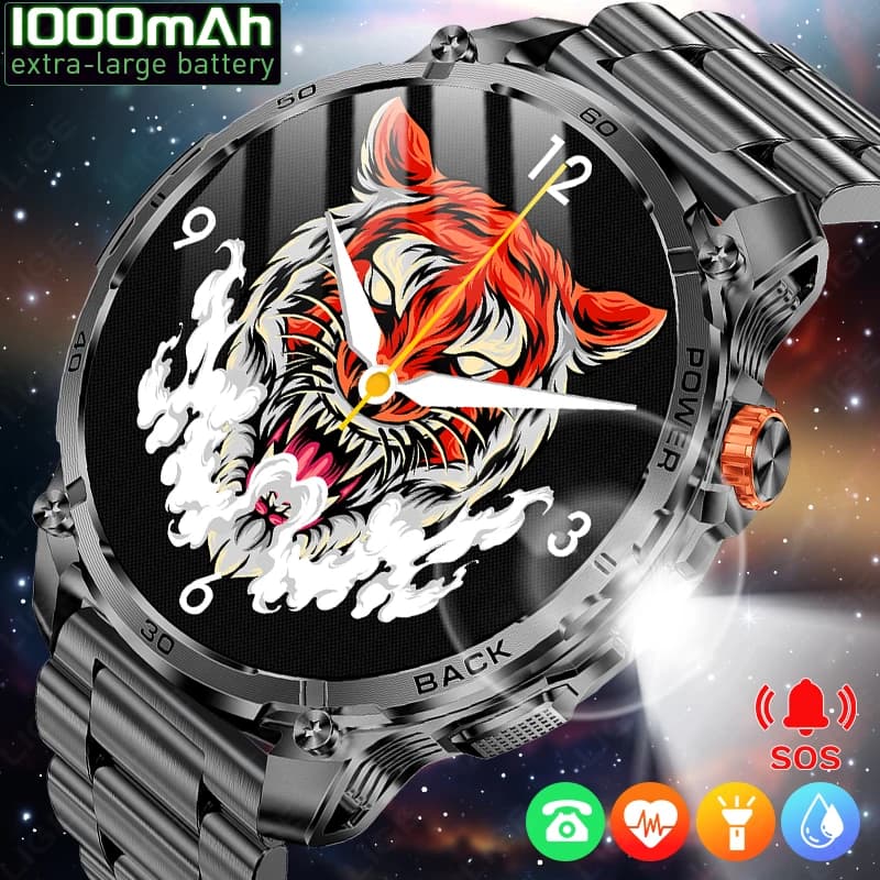 Smartwatch Militare con Batteria da 1000mAh, Impermeabile IP68, Torcia LED, Nuovo Modello 2026, Chiamate Bluetooth, Fitness Sportivo per Uomo