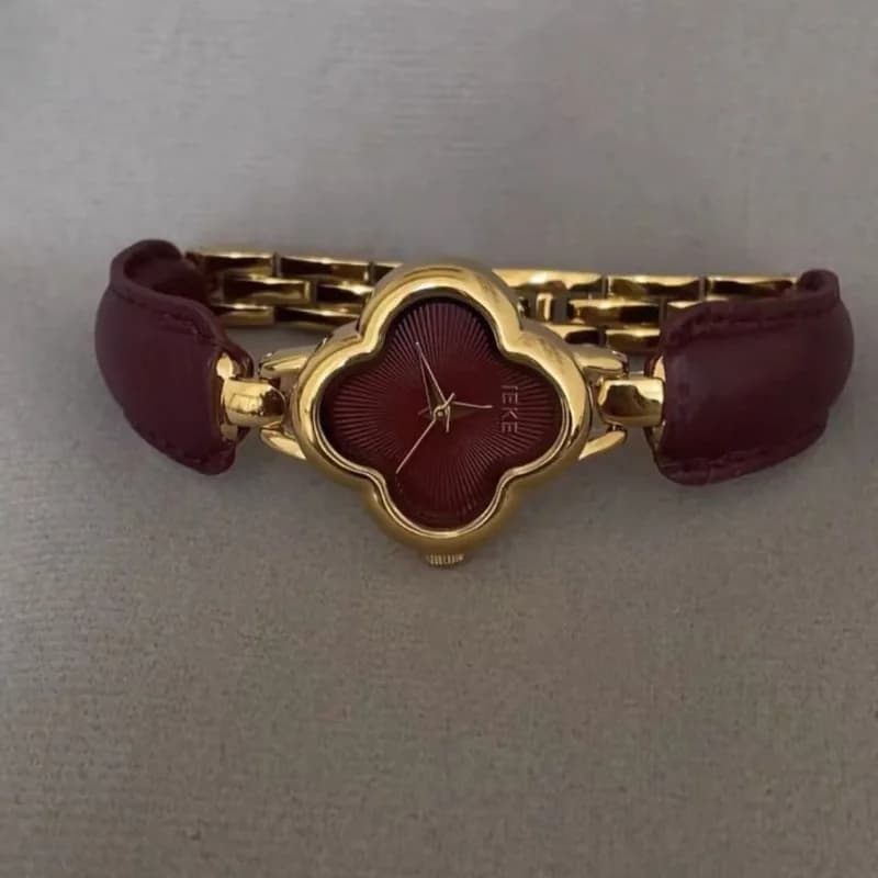 Orologio Gilt con Quadrifoglio, Rosso Bordeaux, Elegante, Bianco, di Alta Gamma, di Nicchia, Personalizzato, da Donna