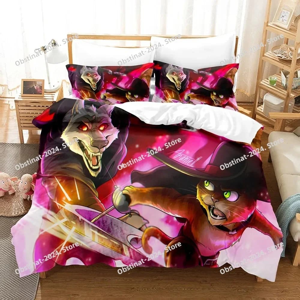 Set biancheria da letto Gatto In Boots Biancheria da letto per cartoni animati Regalo singolo doppio per bambini Ragazzi Ragazze Set copripiumino simpatico gatto lupo Hot Movie