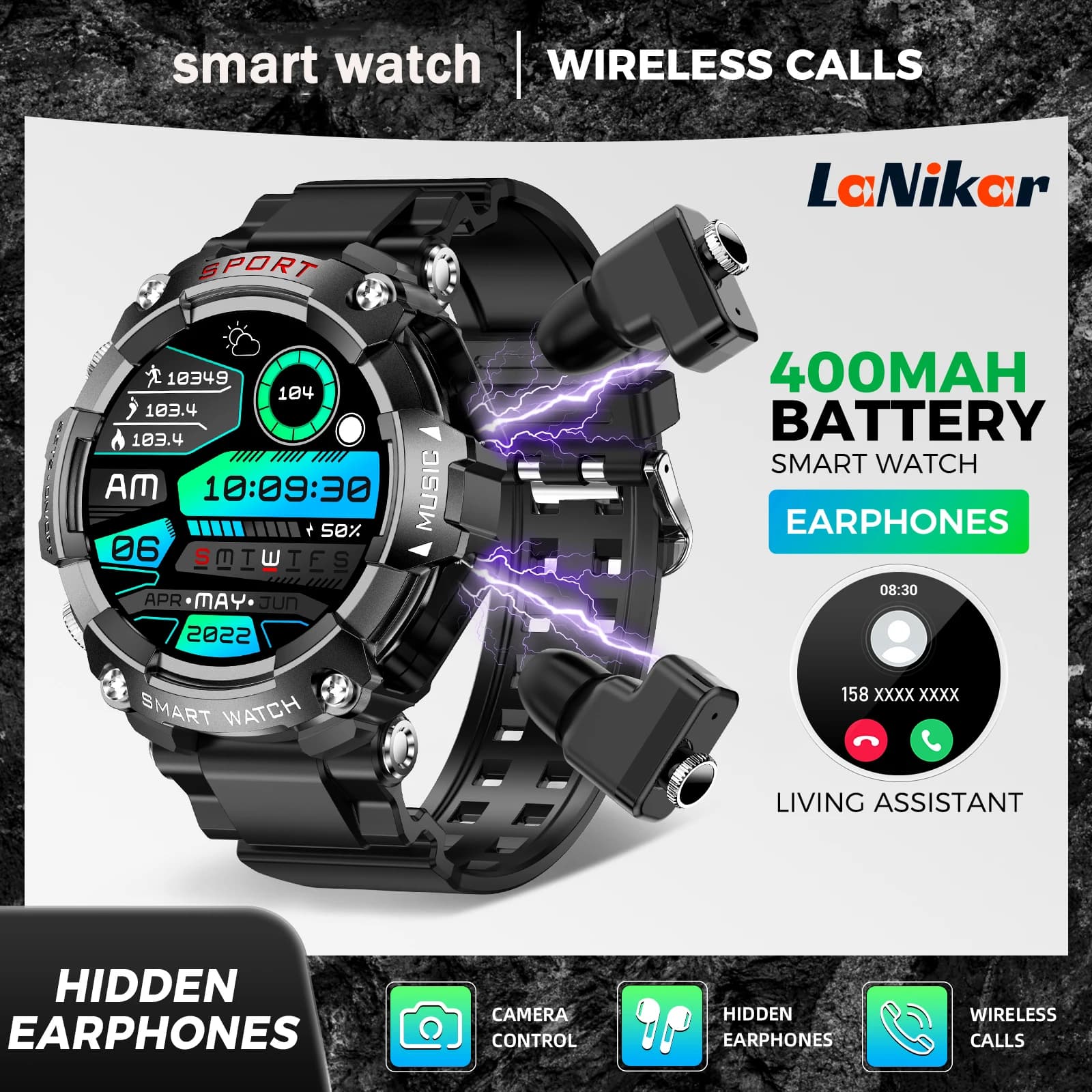 LaNikar Smart Watch AMOLED Display with Bluetooth headset in-ear Heart rate Blood pressure Oxygen saturation monitoring Audio HD