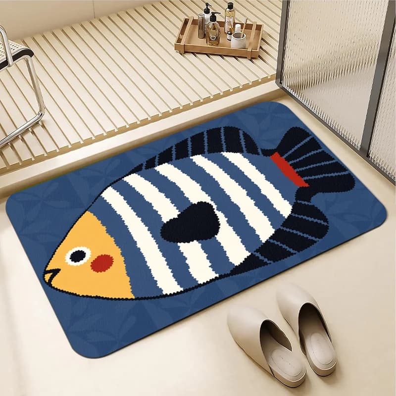 VIKAMA Cartoon Striped Fish Bath Mat Water Absorbent Anti Slip Cute Ocean Animal Bathroom Floor Rug Home Decor