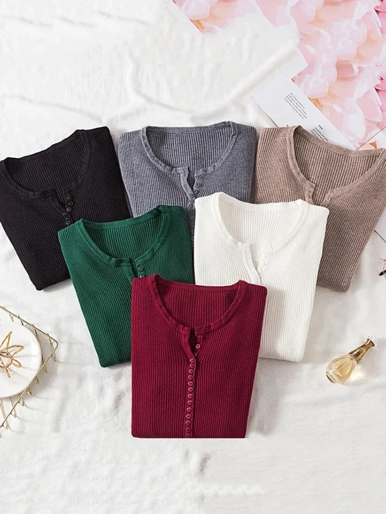 Zjaiss 2026 Donna Basic Slim Pullover Bottone Scollo a V Autunno Inverno Maglione Donna Maglioni e pullover Maglia Maglione Donna Top