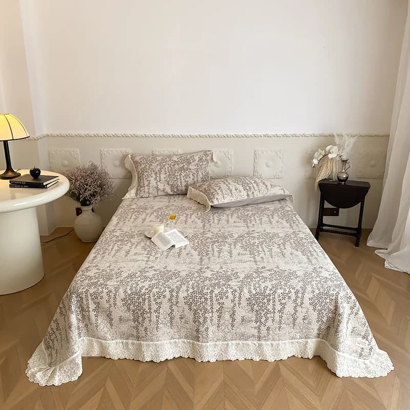 100% Cotton 4-Layer Gauze Bedspread Set 3-Piece| French Vintage Style All-Match Jacquard Lace Trim Bed Sheet with Pillowcases