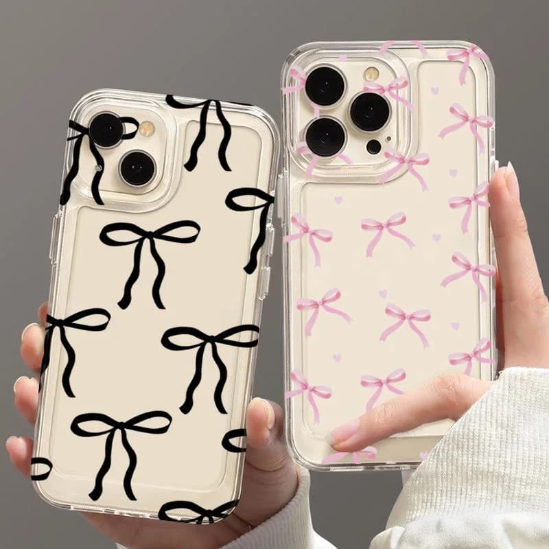 Silicone Phone Case For iPhone 17 Pro Max 16 15 14 13 12 11 16 14 7 8 15 Plus 16E 17E 17 Air X XS XR Soft Cute Pink Bow Cover