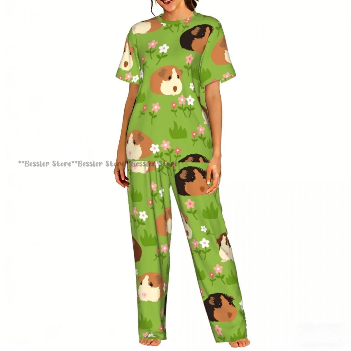 Women's casual pajamas set with short sleeve pants Adorable Pet Guinea Pig