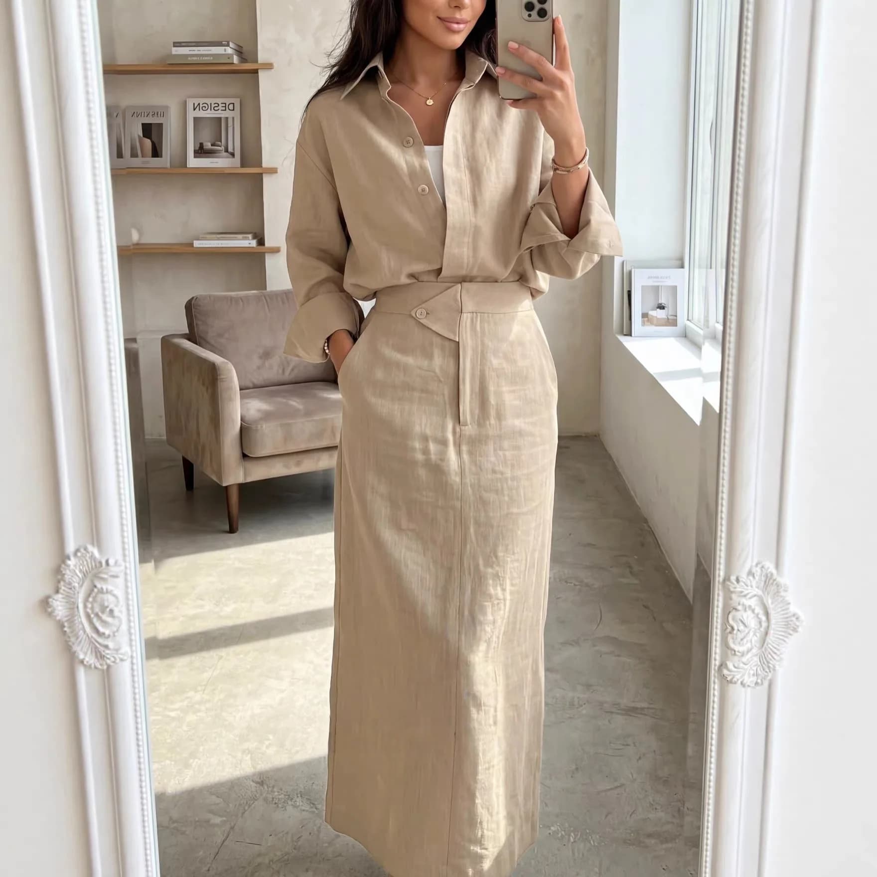 Women's Spring 2026 High Waist Skirt Set with Flared Collar Loose Long Sleeve Shirt Fashionable Ensemble