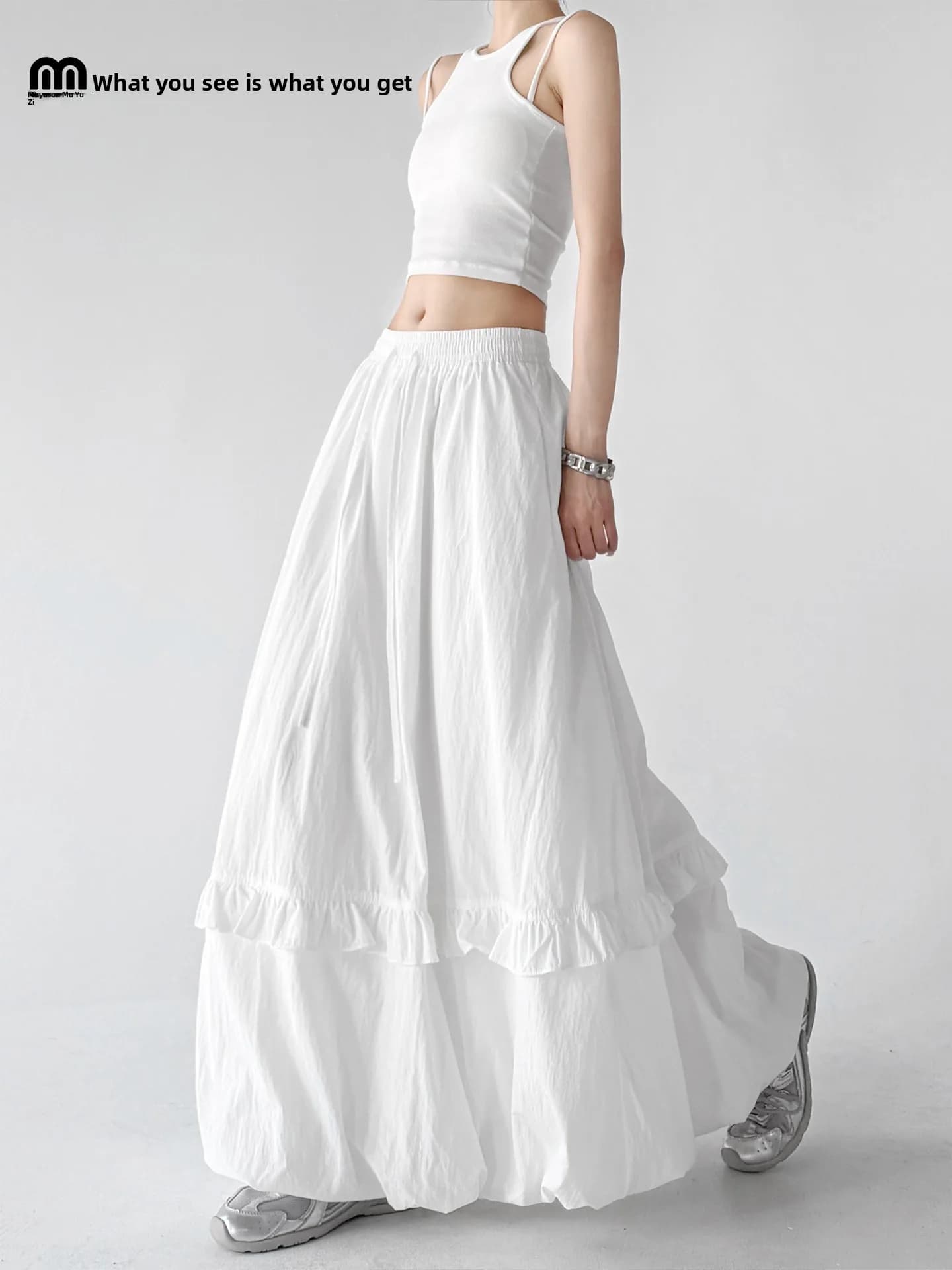 White Flower Bud A-Line Skirt Women's Summer New High Waist Thin Cake Skirt Long Wide Hemline Commute Style Polyester Cotton ...